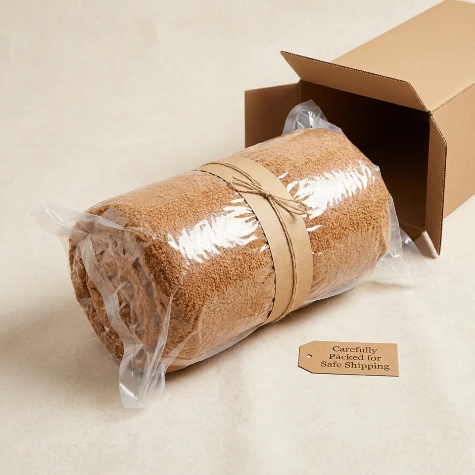 Caramel bouclé cushion vacuum-rolled in clear plastic, tied with a kraft band and twine, beside an open shipping box