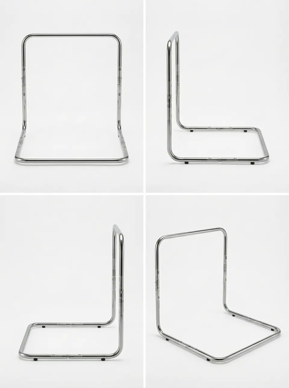 Four-panel grid of one chrome tube L-shaped frame from the front, two side profiles and a three-quarter view on pale gray