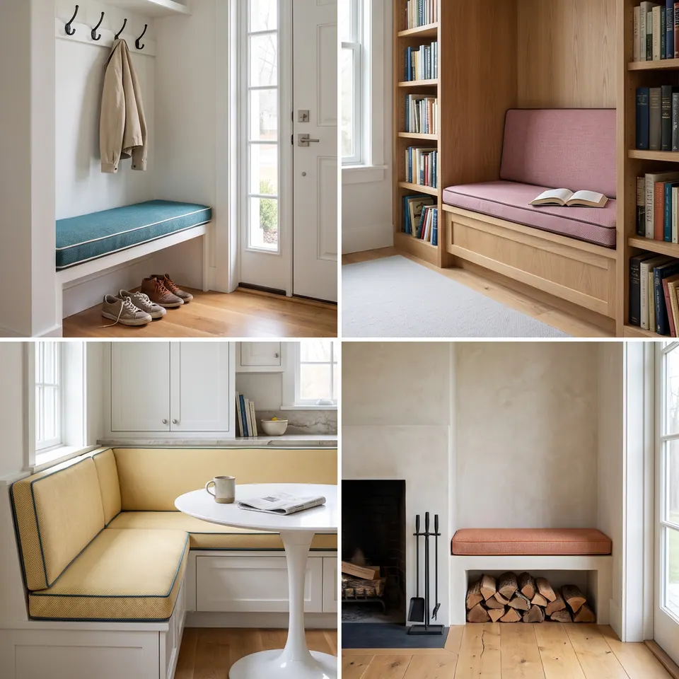 Four custom cushions: teal mudroom bench, rose library nook, yellow L-shaped kitchen banquette, terracotta fireside bench