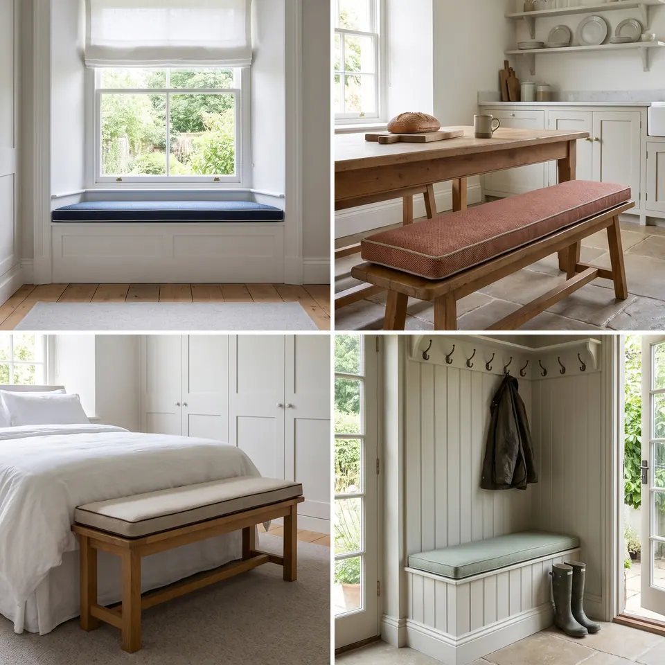 Grid of four cushions: indigo window seat, terracotta farmhouse dining bench, oatmeal bed bench and sage boot room bench