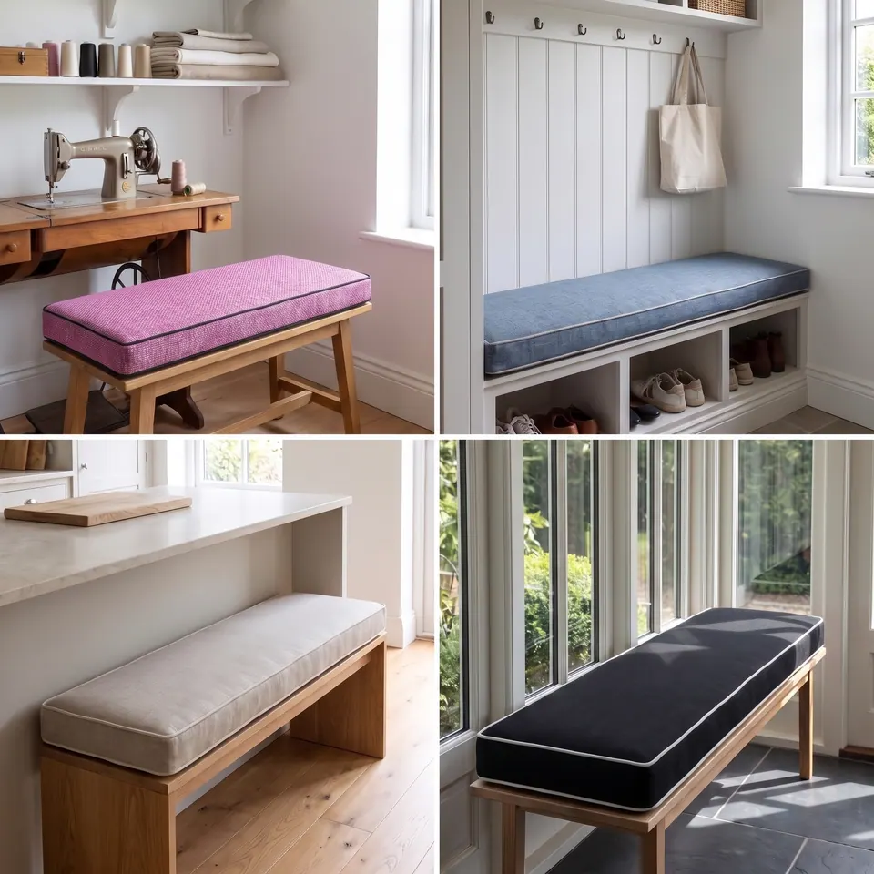 Grid of four bench cushions: magenta by a sewing machine, steel blue mudroom bench, putty kitchen bench, black sunroom bench