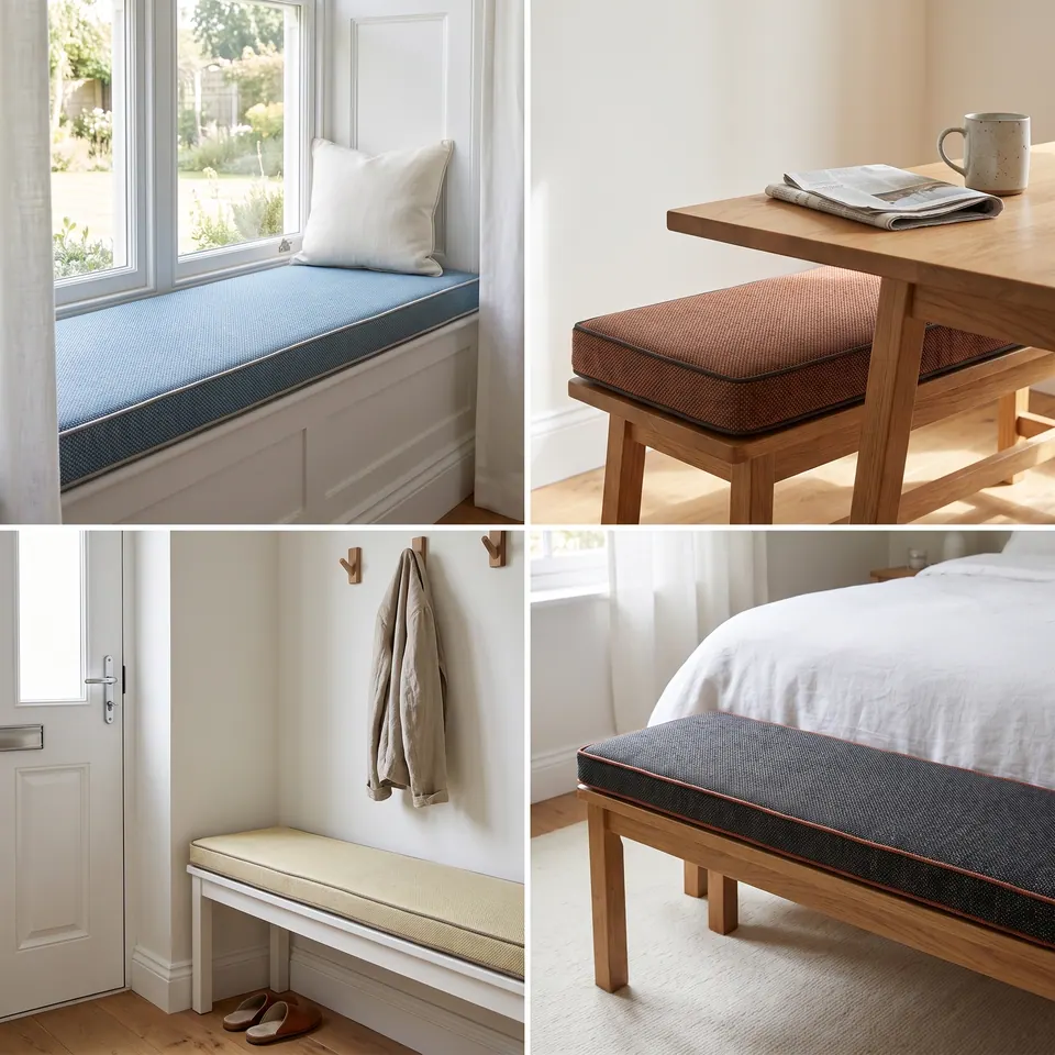 Grid of four bench cushions: sky blue window seat, rust dining bench pad, butter hallway bench and charcoal end-of-bed bench
