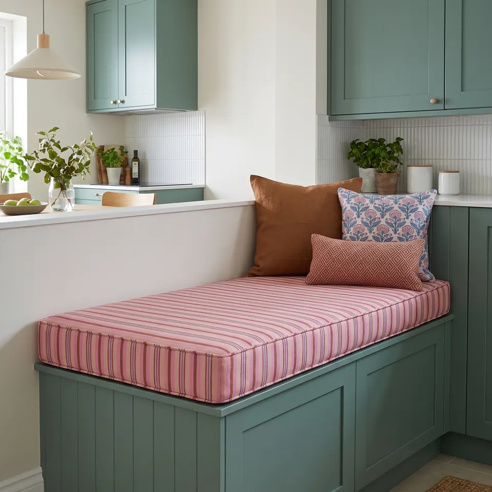 Blush pink multi-stripe box cushion on a teal tongue-and-groove kitchen bench with cognac, flower-print and diamond pillows
