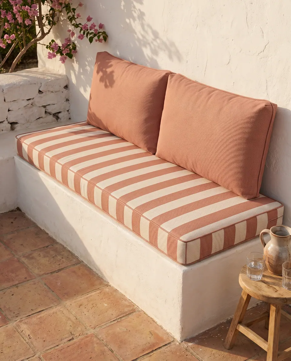Coral and white striped seat cushion with solid coral back cushions on a whitewashed masonry bench with bougainvillea