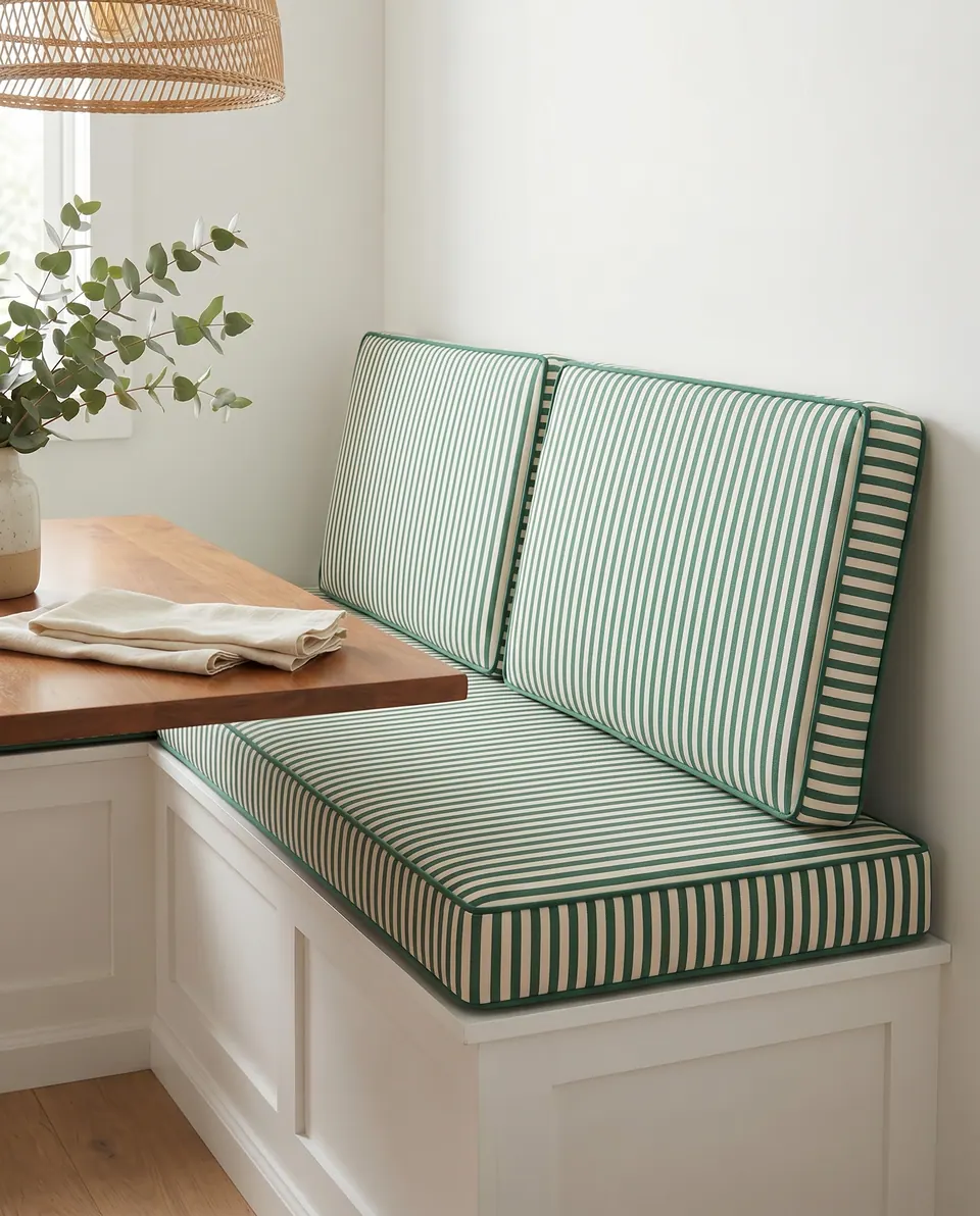 Forest green stripe banquette seat and two back cushions with green piping on a white built-in bench by an oak table