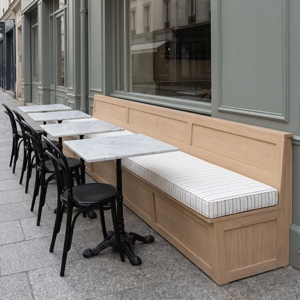 Pinstripe box cushion on a paneled oak café banquette beside marble bistro tables and black bentwood chairs