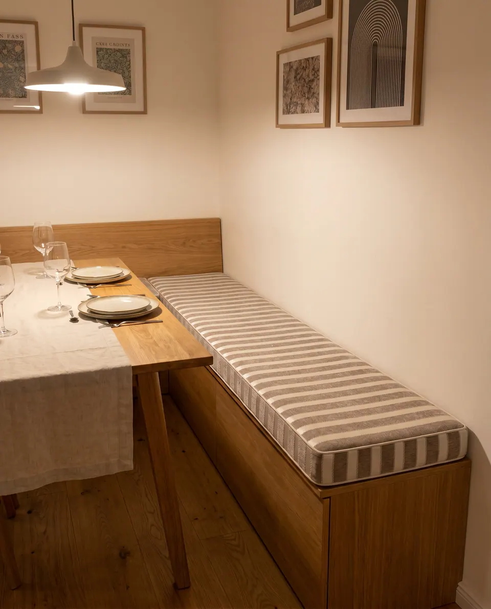 Gray and white striped box cushion on a long oak storage banquette beside a table set with linen and white plates