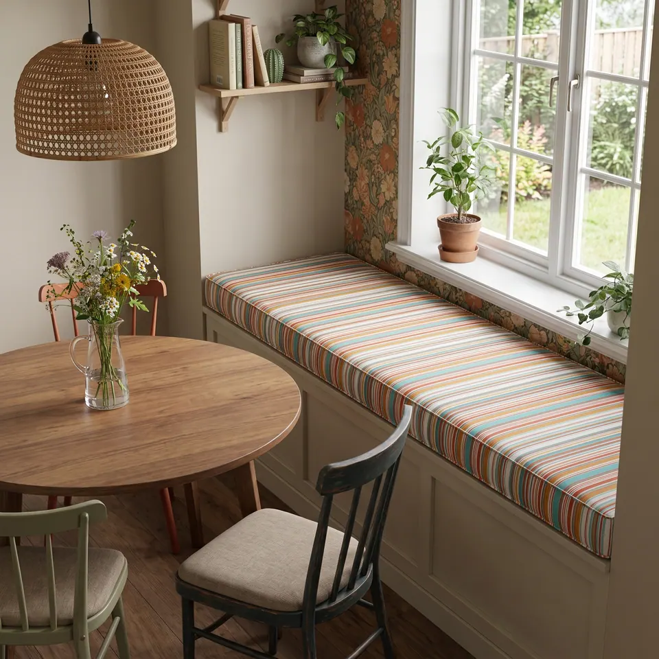 Orange, teal and mustard pinstripe box cushion on a paneled window banquette beside a round oak table and cane pendant