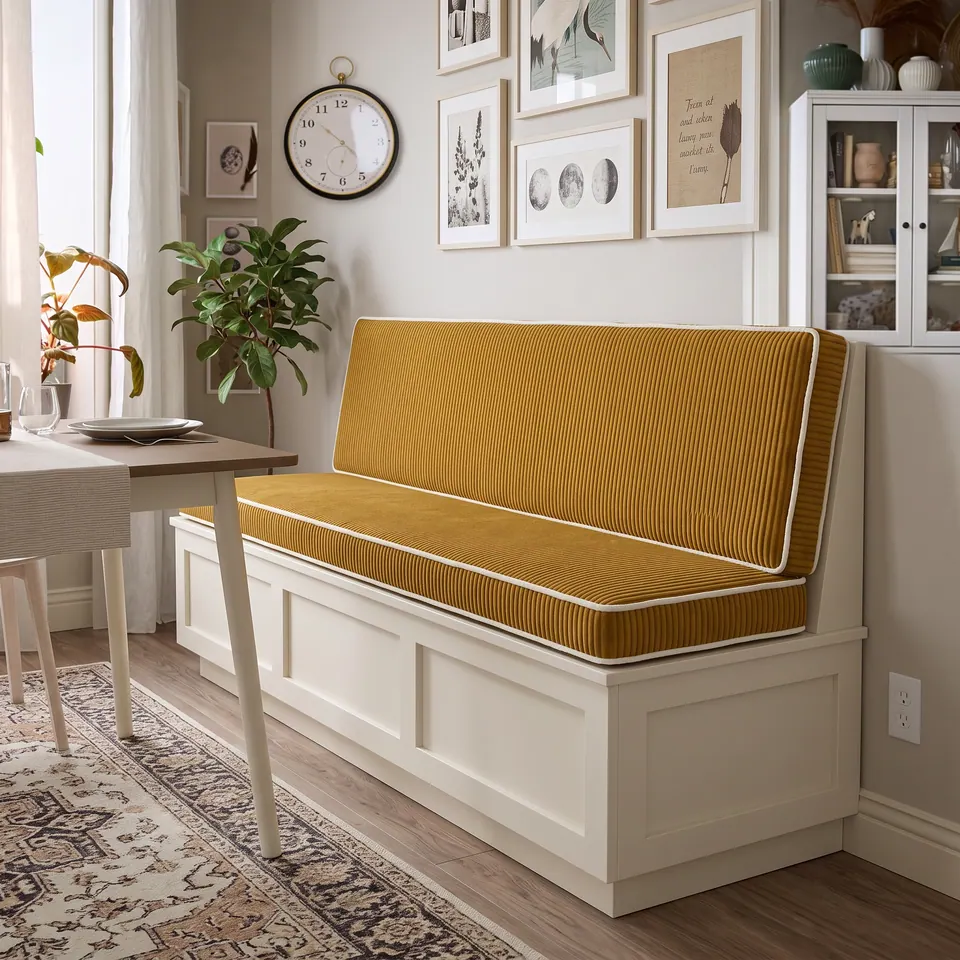 Mustard corduroy seat and tall back cushion with ivory piping on a white paneled banquette below a gallery wall