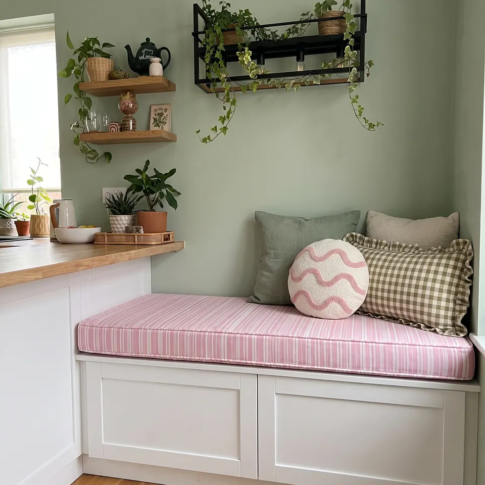 Pink and white striped box cushion on a white shaker kitchen bench against sage walls, with gingham, wave and linen pillows