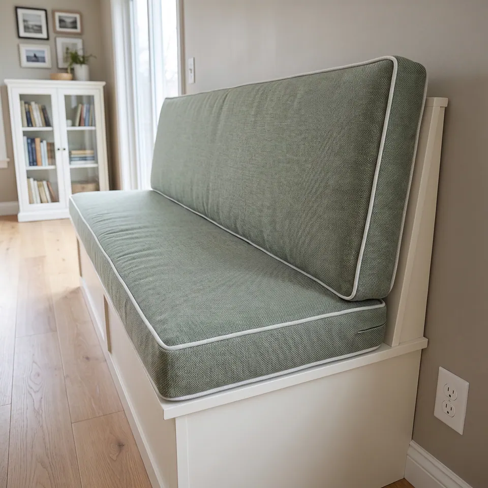 Side view of a sage green linen-look box seat and back cushion with white piping and a visible zipper end on a white bench