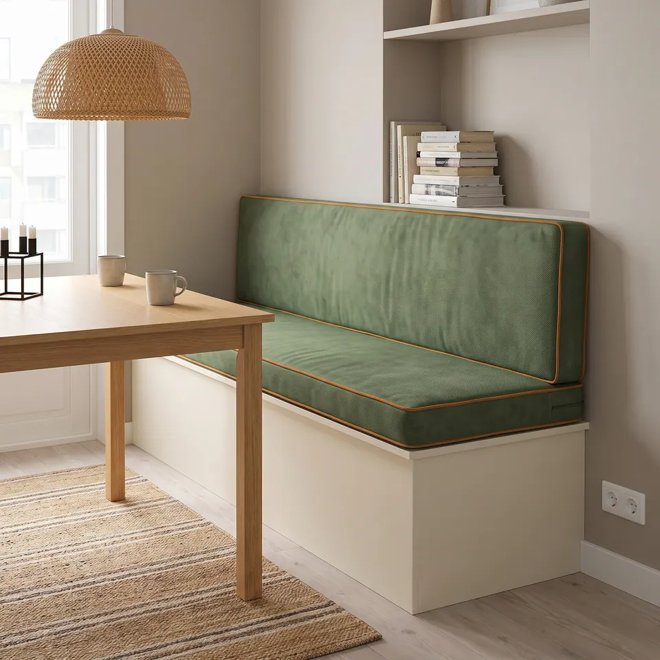 Sage green velvet seat and back cushion with caramel piping on a white box banquette beside an oak table and rattan pendant
