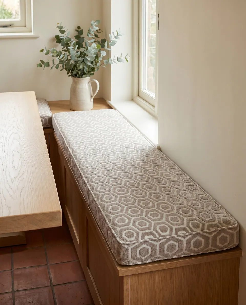 Taupe and cream hexagon jacquard cushion on an oak corner banquette in a country kitchen with a terracotta tile floor