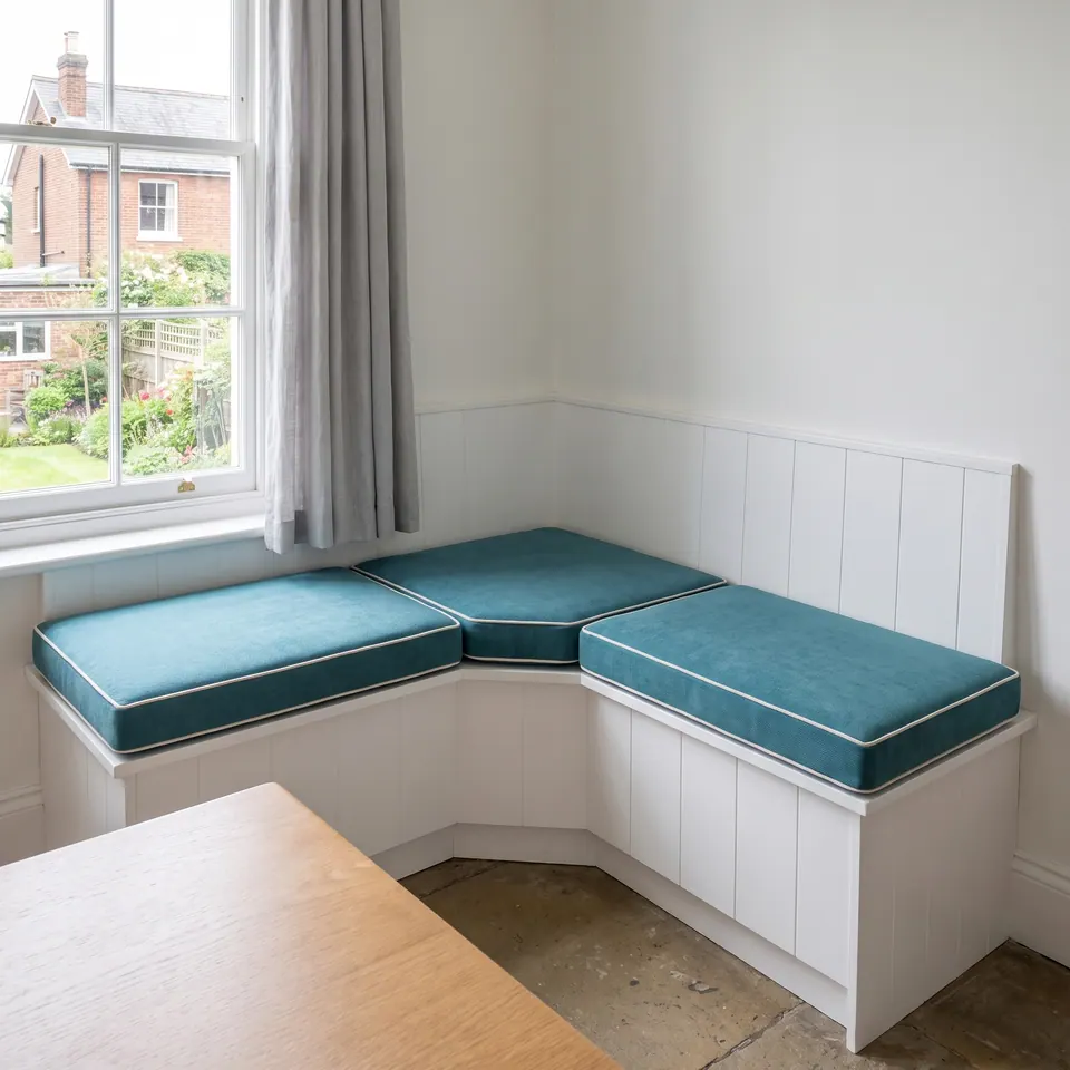 Three teal box cushions with ivory piping, including a clipped corner piece, on a white paneled L-shaped kitchen banquette