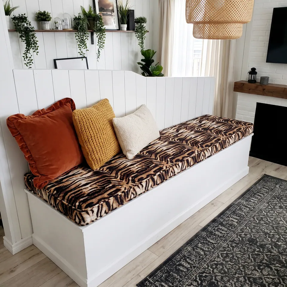 Tiger-stripe box cushion on a white shiplap built-in bench with rust velvet, mustard knit and boucle pillows