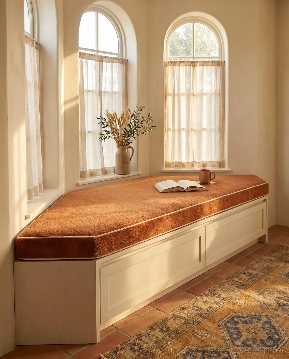 Caramel bouclé trapezoid bay window cushion edged in cream piping on a cream paneled bench under arched windows