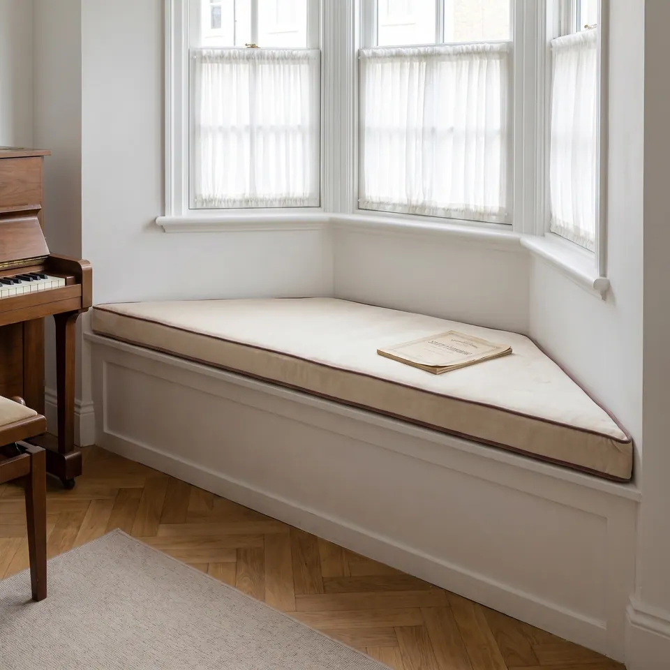 Cream velvet trapezoid window seat cushion with dusty mauve piping in a bay beside an upright piano and sheer cafe curtains
