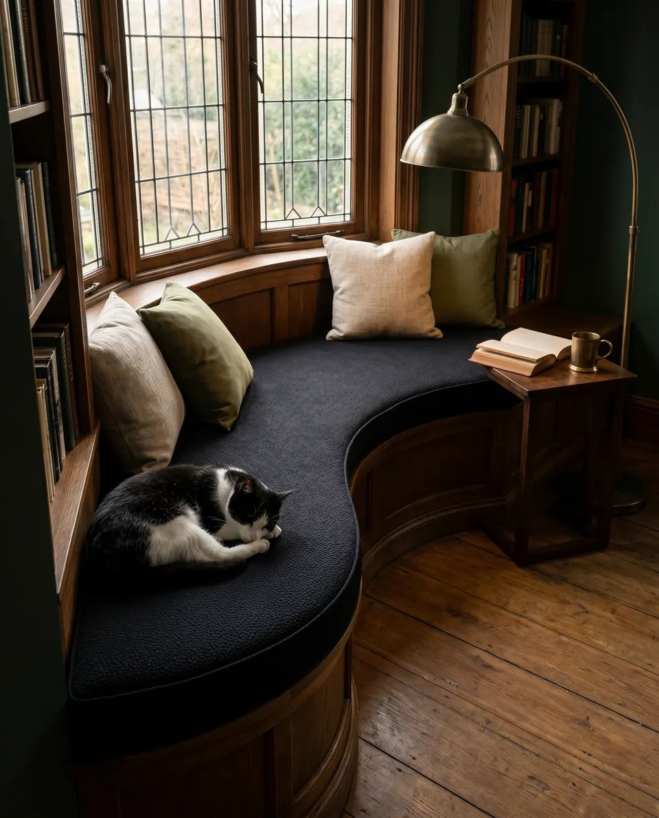 Curved black window seat cushion on an oak bay in a green library with a tuxedo cat, olive pillows and a brass arc lamp