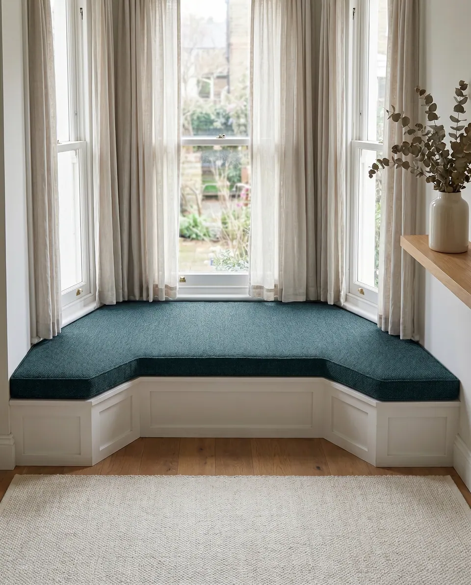 Deep teal chenille trapezoid cushion fitted to a white paneled bay window seat with sheer linen curtains and oak floor