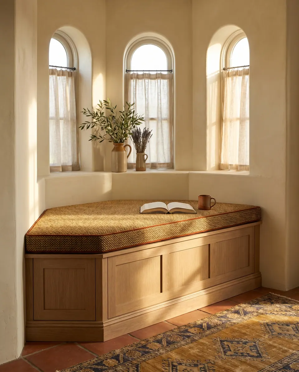 Mustard dotted chenille trapezoid cushion with terracotta velvet piping on an oak bay seat under three arched windows