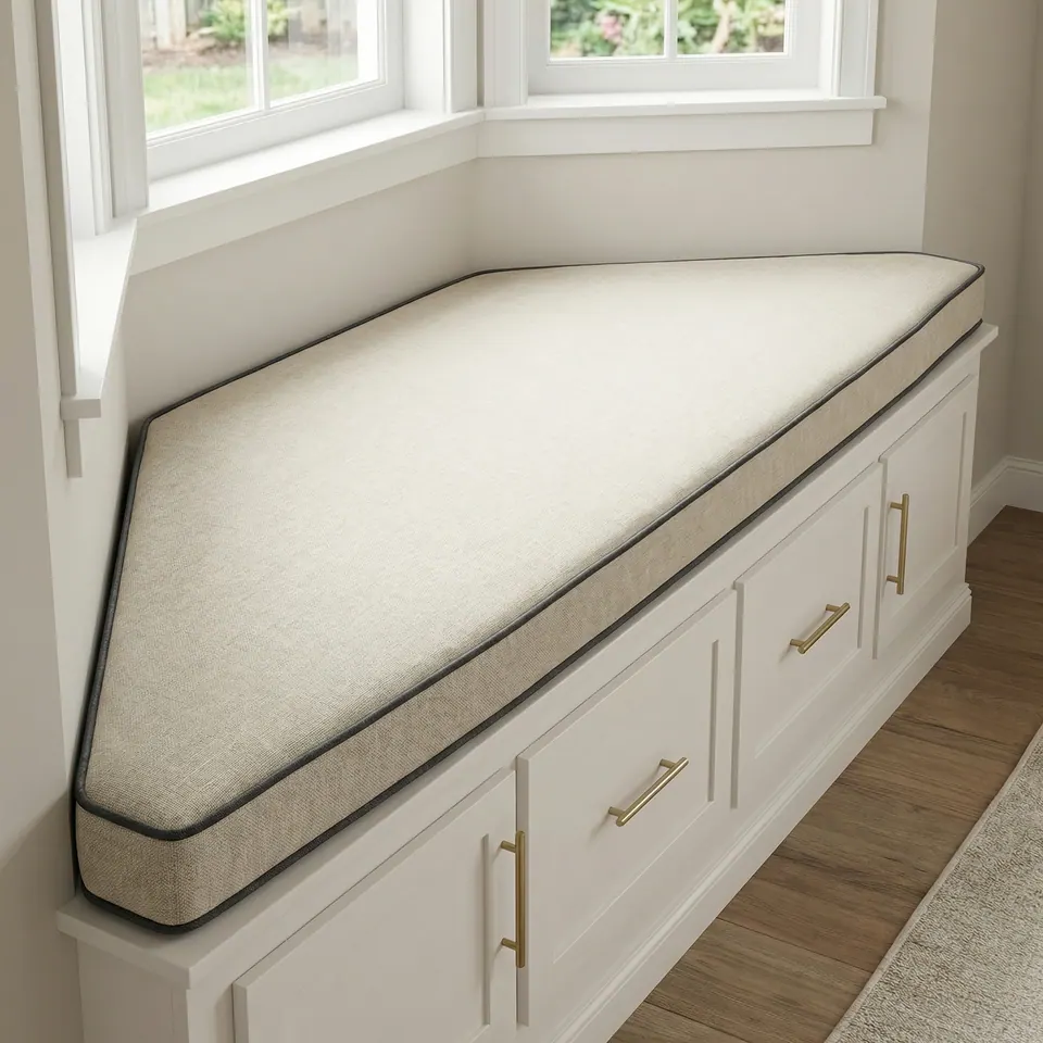 Oatmeal linen-look trapezoid bay window cushion with charcoal piping on white cabinets with brass pulls, dark wood floor