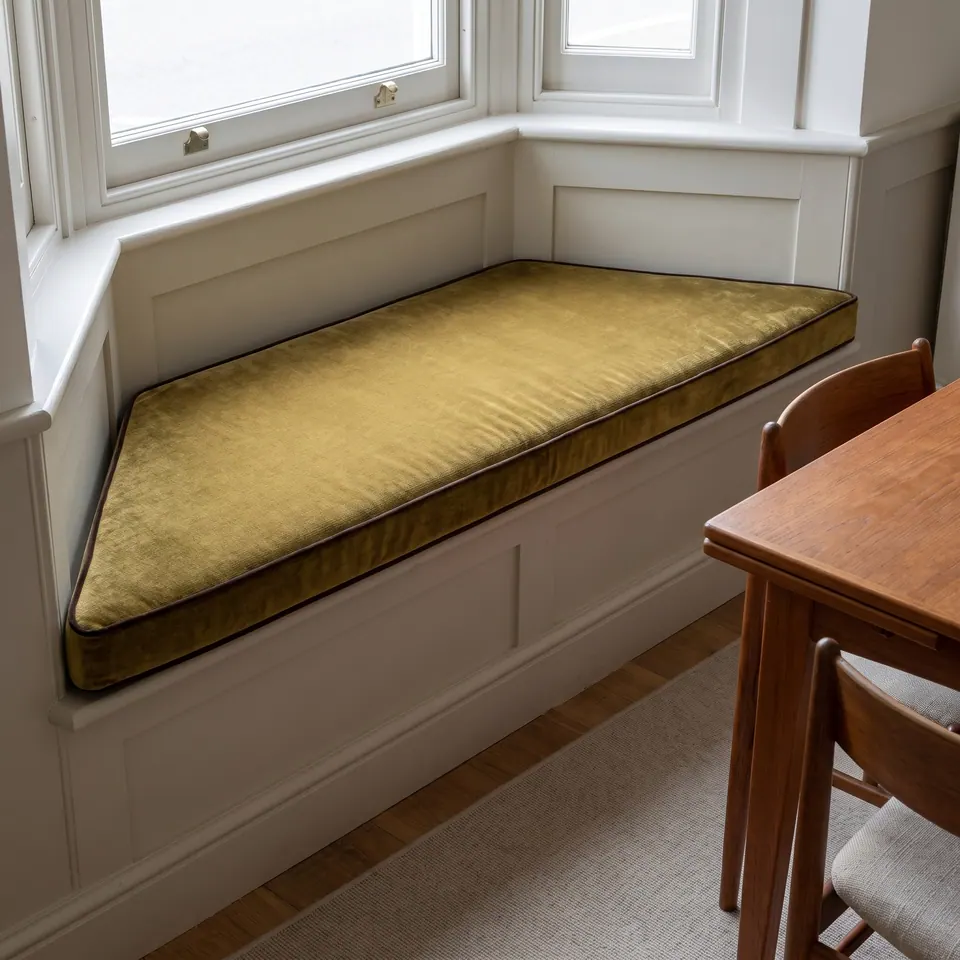 Olive gold velvet trapezoid window seat cushion with brown piping in a dining bay beside a teak table and chairs