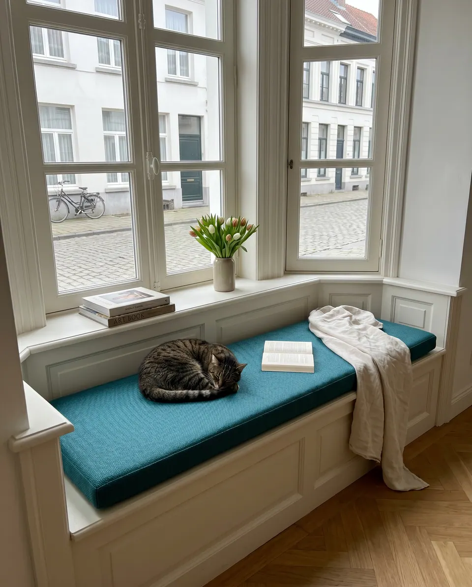 Petrol teal woven cushion on a white paneled bay window seat with a sleeping tabby cat, cream throw and tulips on the sill