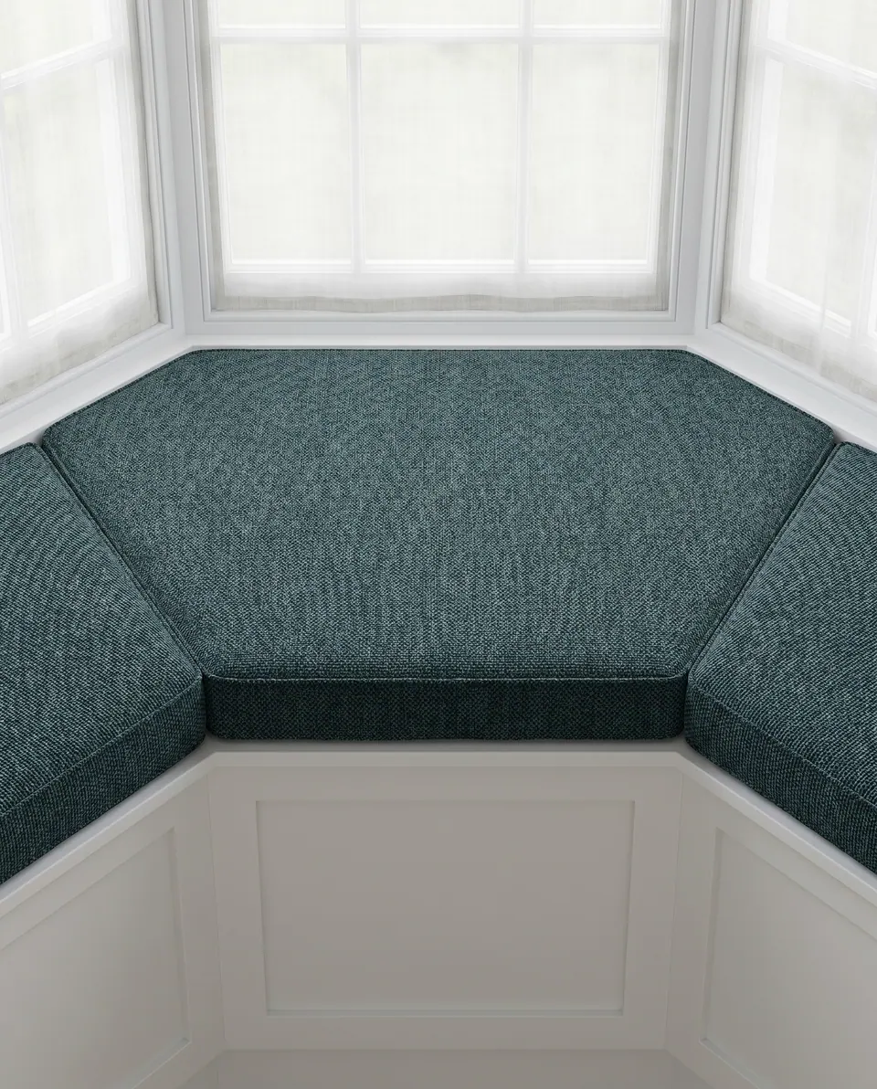 Close view of a three-piece deep teal textured bay window cushion showing angled joints over a white paneled base