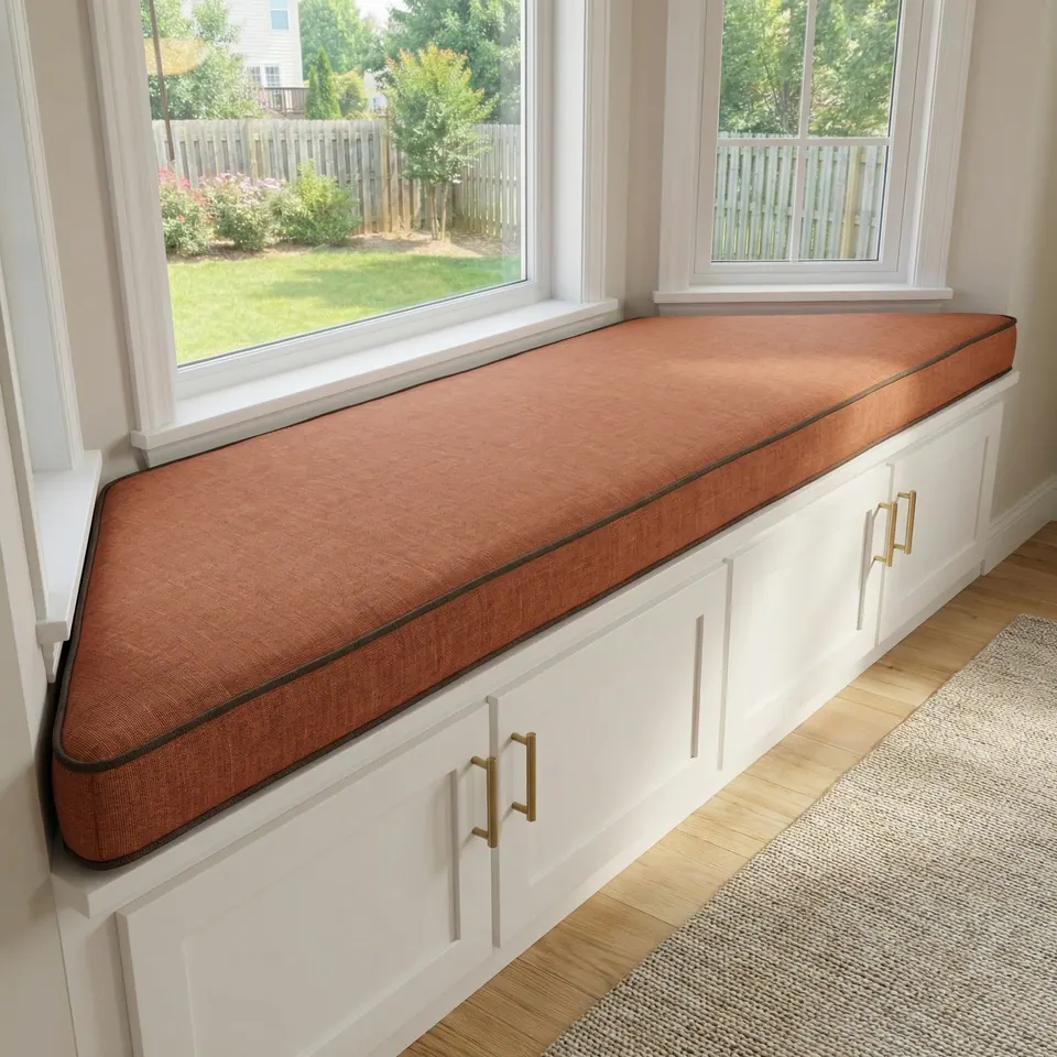 Terracotta linen-look trapezoid bay window seat cushion with dark brown piping on white shaker cabinets with brass pulls
