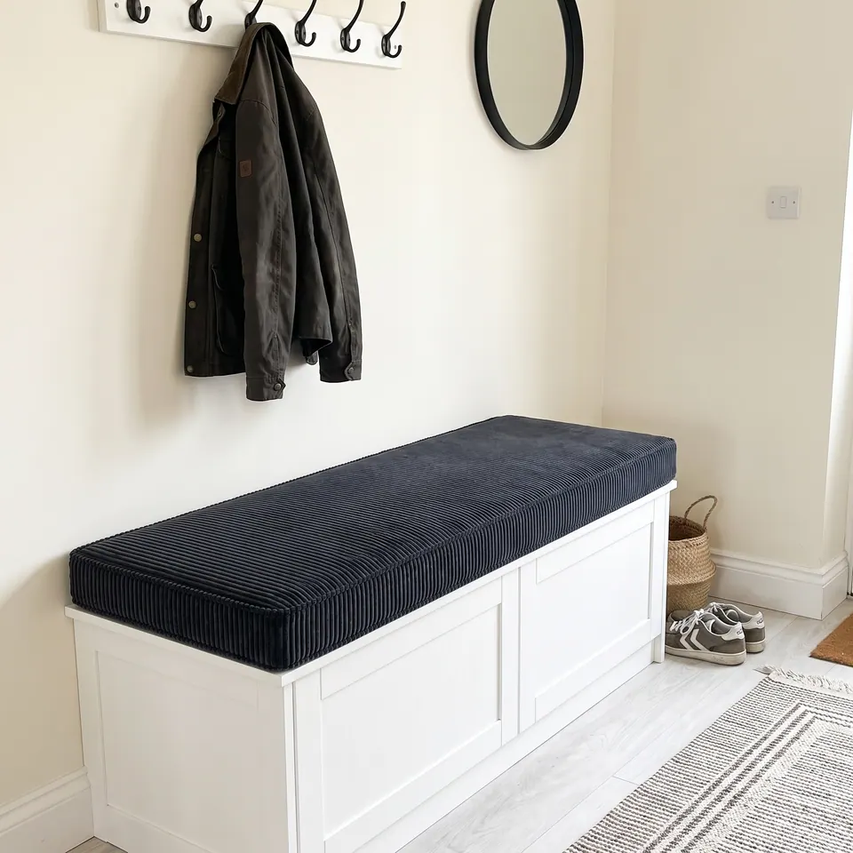 Anthracite charcoal corduroy cushion on a white storage bench in a cream hallway with black hooks and a round mirror