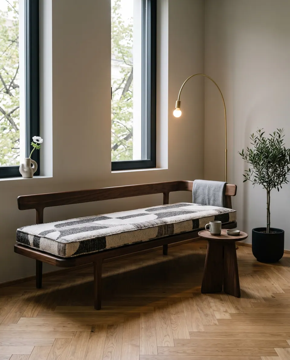Pinned: Unpiped black and cream block weave cushion on a walnut bench with a backrest, brass arc lamp and olive tree