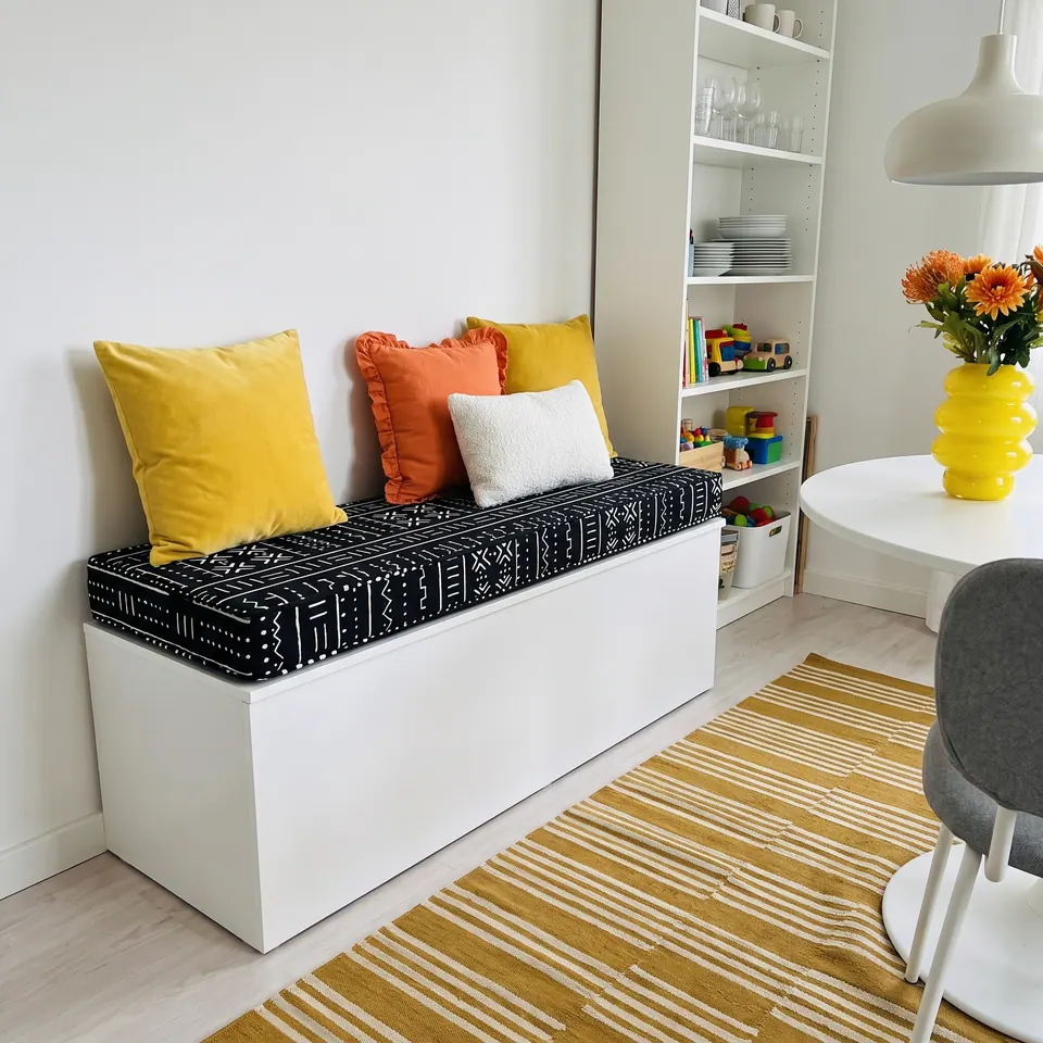 Pinned: Black and white print cushion on a white storage bench with mustard, orange and white pillows next to a round dining table
