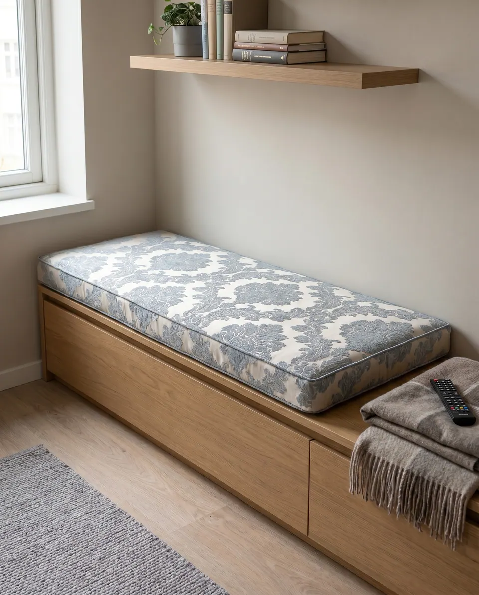 Pinned: Dusty blue and cream damask box cushion with self piping on an oak storage bench with drawers beside a window