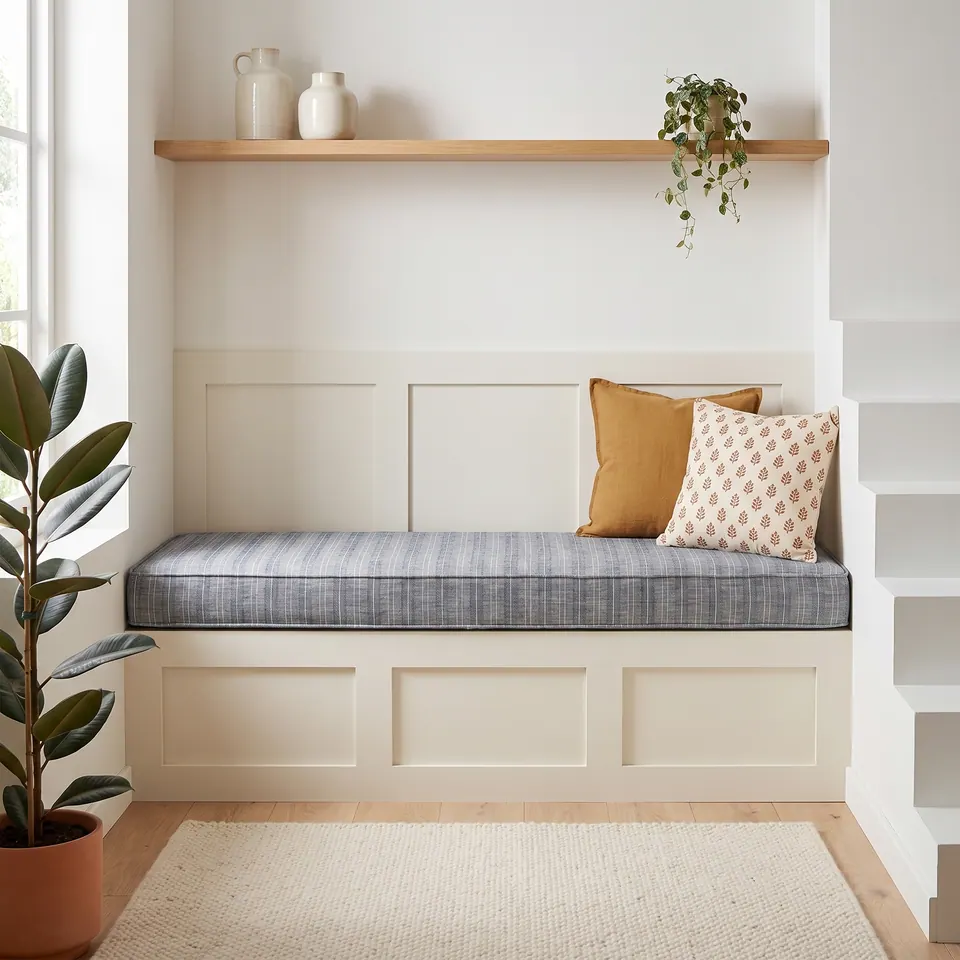 Blue-gray tonal striped box cushion on a cream paneled built-in bench beside white stairs, with ochre and leaf-print pillows