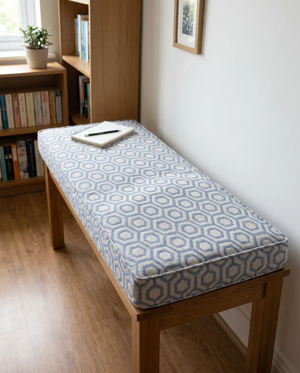 Blue and white hexagon jacquard box cushion with self piping on an oak bench beside a bookcase, notebook on top