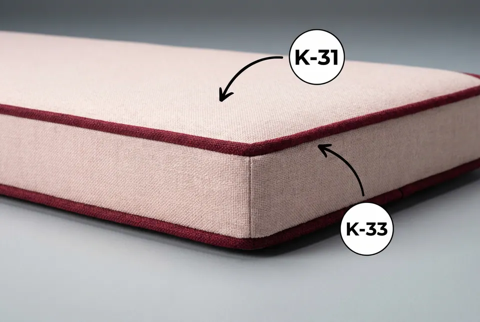 Blush pink linen-weave box cushion corner with deep wine red piping outlining the top and bottom edges