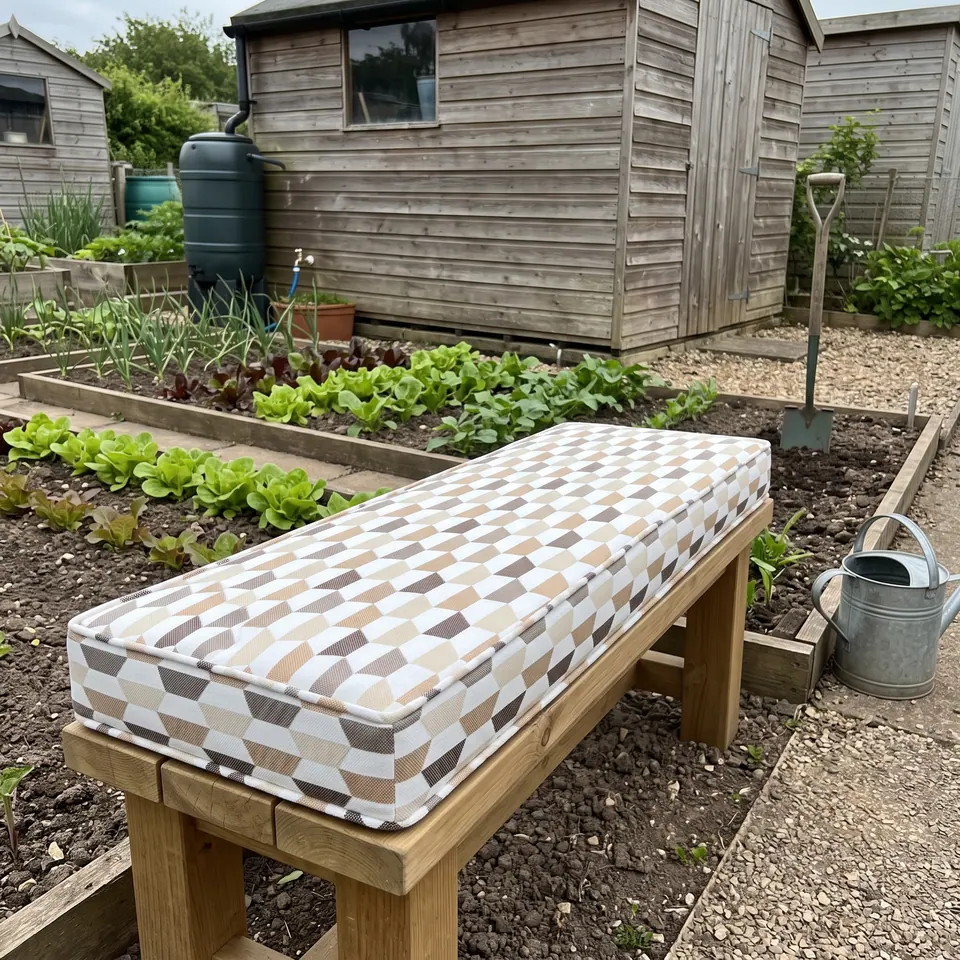 Brown, tan and cream geometric-print box cushion on a pine bench among raised vegetable beds on an allotment