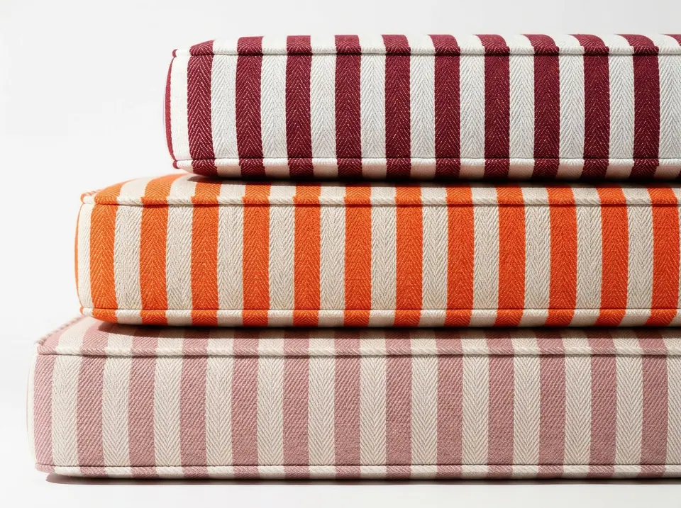 Stack of three herringbone-weave striped box cushions on white in burgundy, bright orange and dusty rose