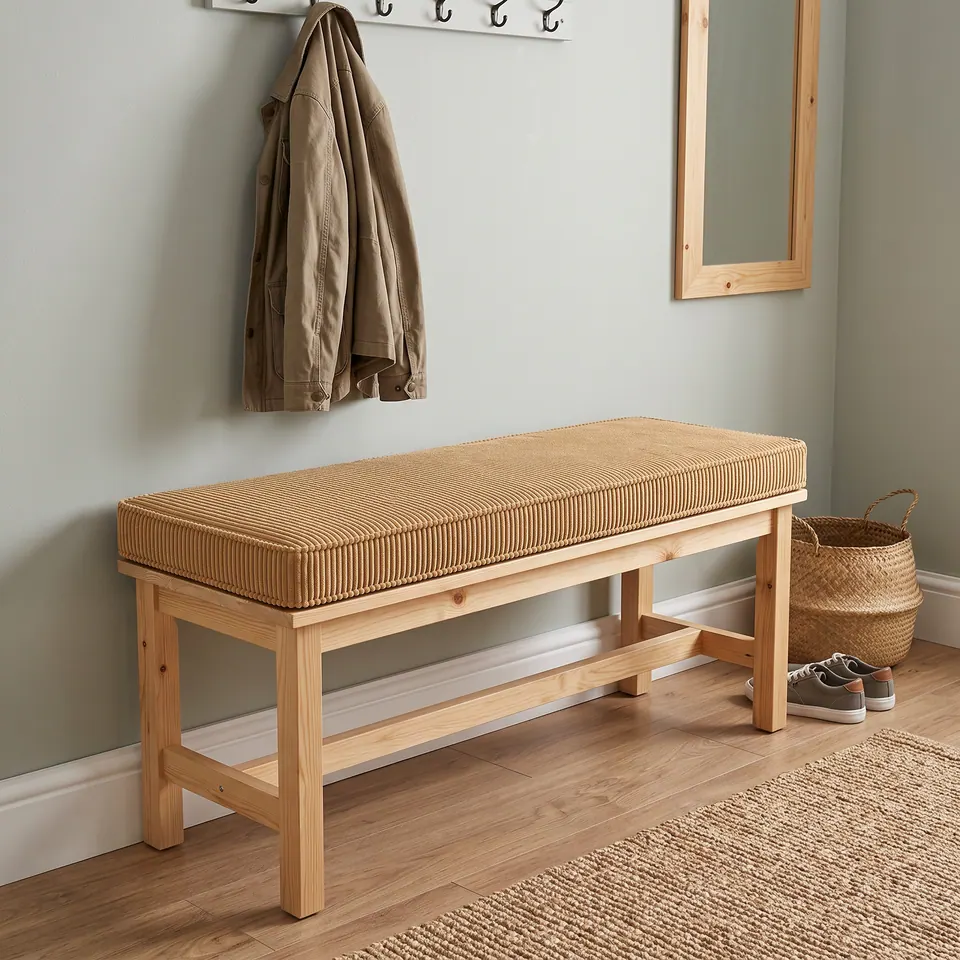 Camel corduroy box cushion on a pine hallway bench below coat hooks, with a pine mirror, seagrass basket and trainers