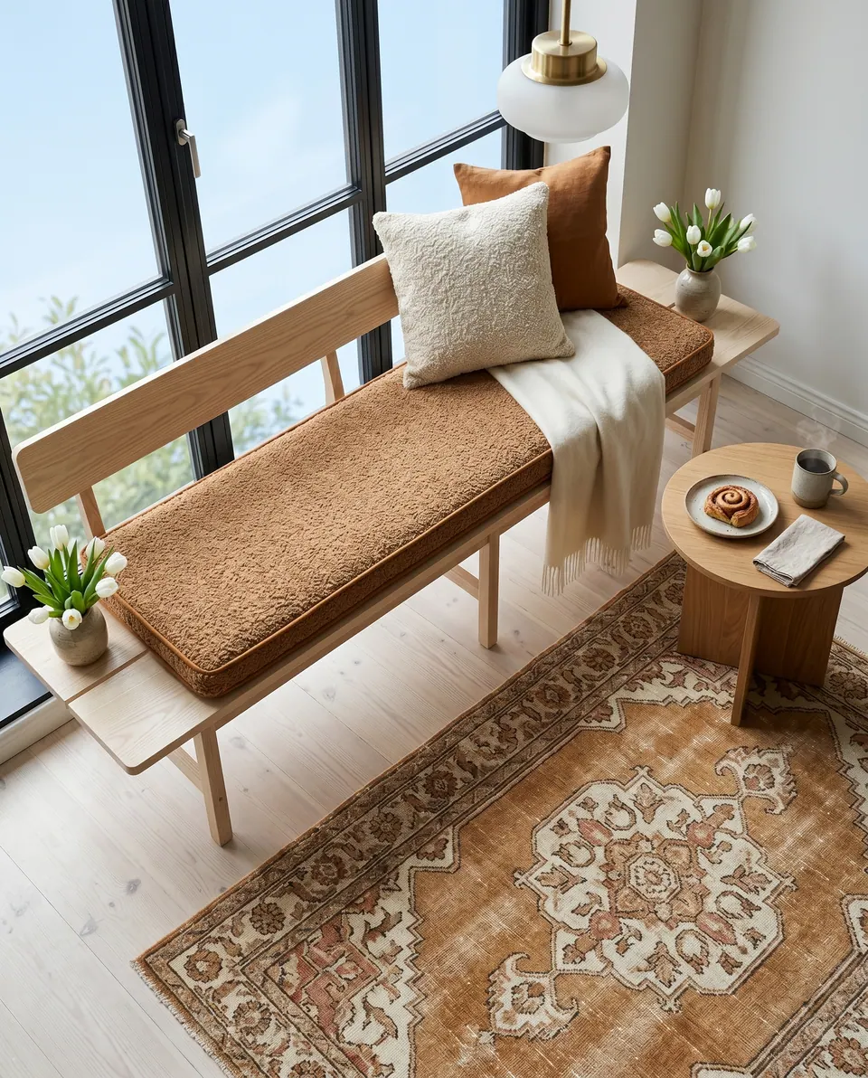 Overhead view of an ash bench with backrest and caramel bouclé cushion, cream and rust pillows, tulips and a cinnamon bun
