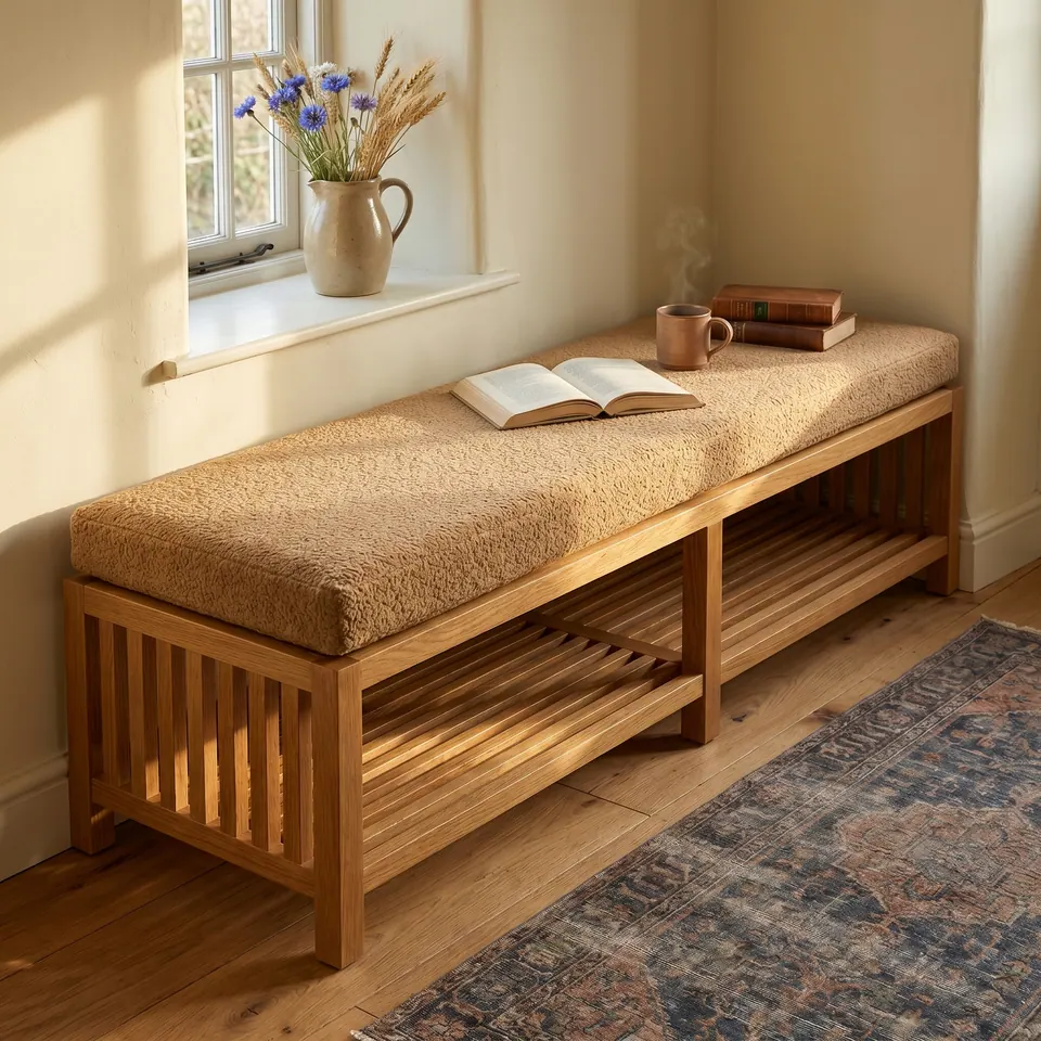 Caramel bouclé box cushion on an oak bench with a slatted lower shelf, open book and mug on top, Persian rug below