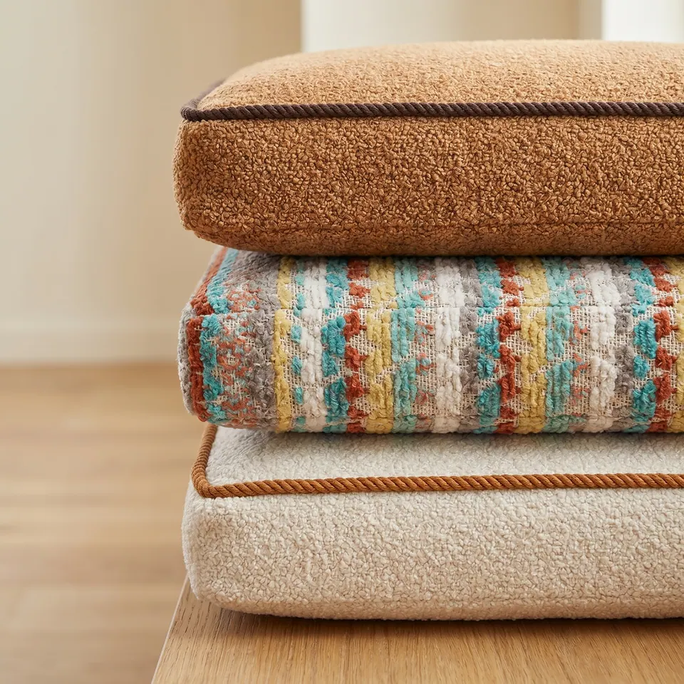 Stack of caramel bouclé with brown piping, multi-stripe chenille, and cream bouclé with caramel piping on an oak bench