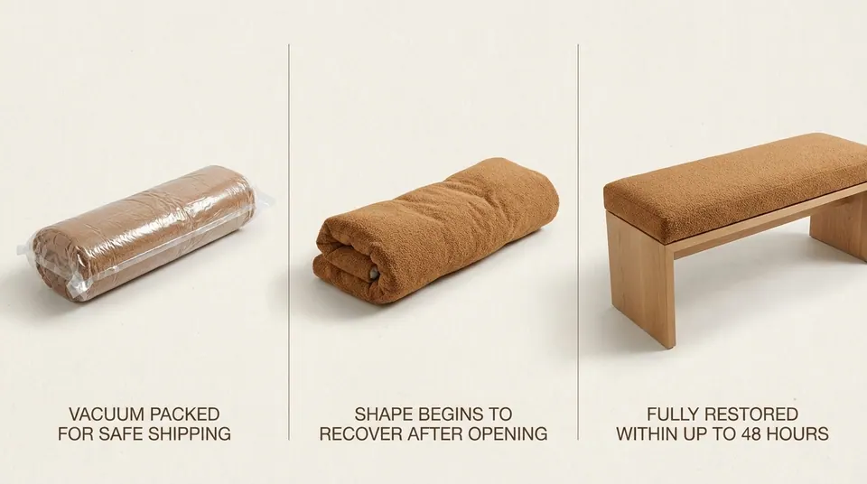 Three-step sequence of a caramel bouclé cushion: vacuum-packed roll, unrolled and relaxing, then full shape on oak