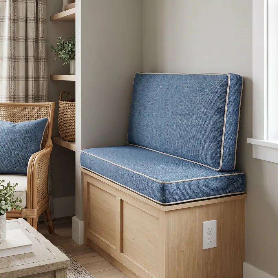 Chambray blue linen-look seat and back cushion with beige piping on a light oak blanket-box bench beside a rattan chair