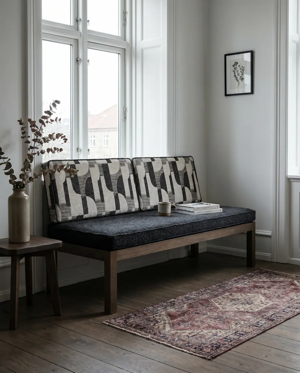 Walnut bench with a charcoal bouclé seat cushion and two black and cream geometric back cushions beside a tall white window