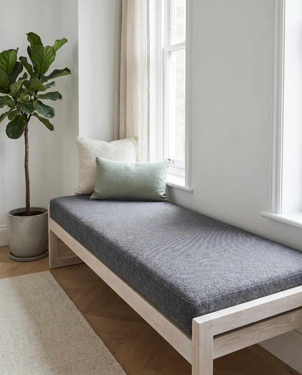 Charcoal woven box cushion on a light oak bench by a tall white window, with sage and cream pillows and a fiddle-leaf fig