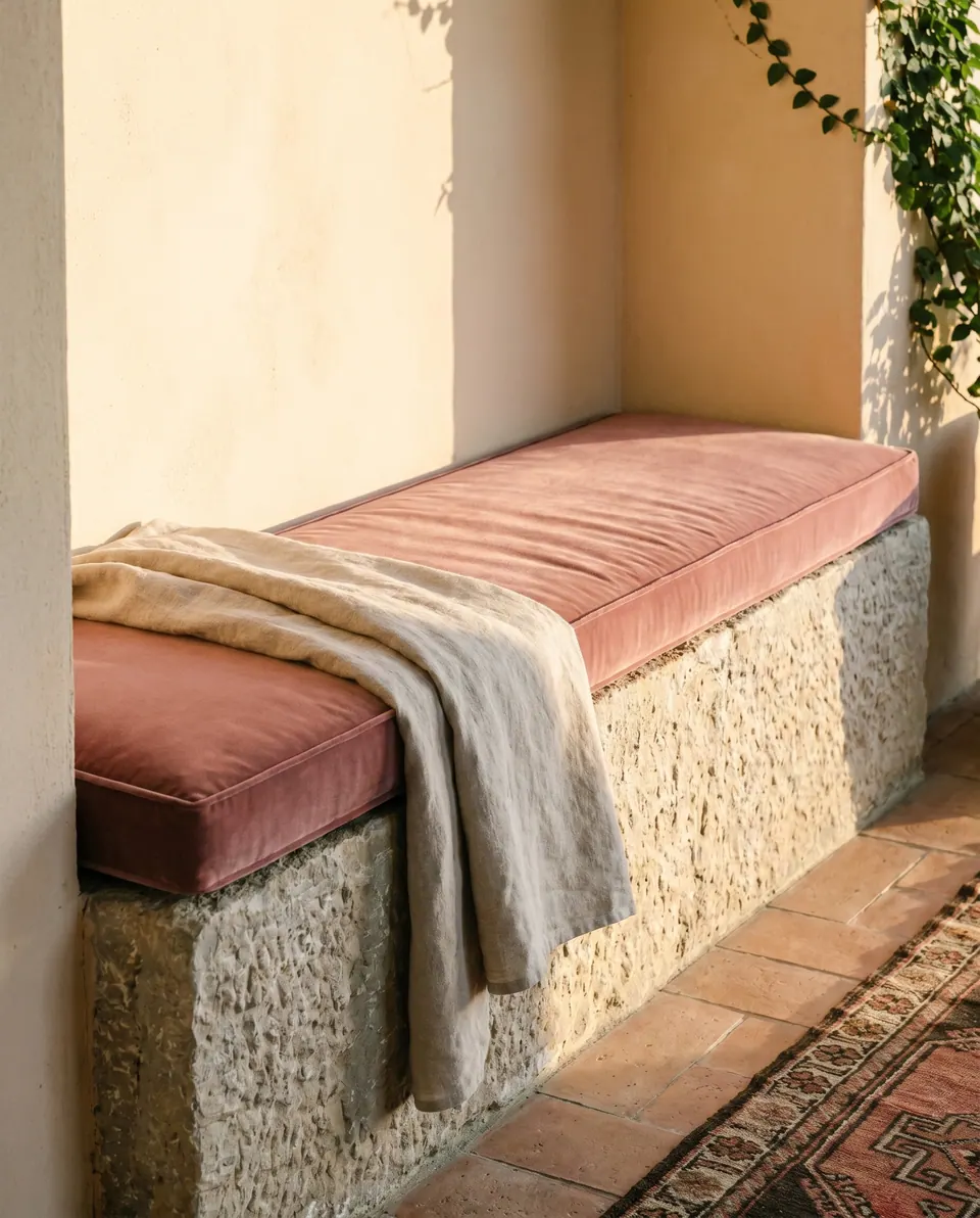 Clay pink velvet cushion on a rough stone bench in a sunlit plaster loggia, with a linen throw and terracotta floor