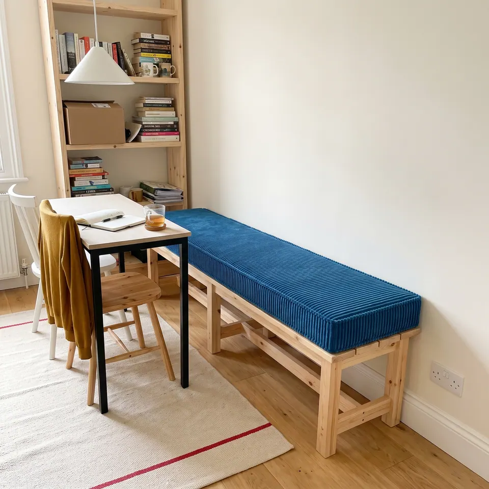 Cobalt blue corduroy box cushion on a slatted pine bench beside a small dining table, pine shelves and a striped rug