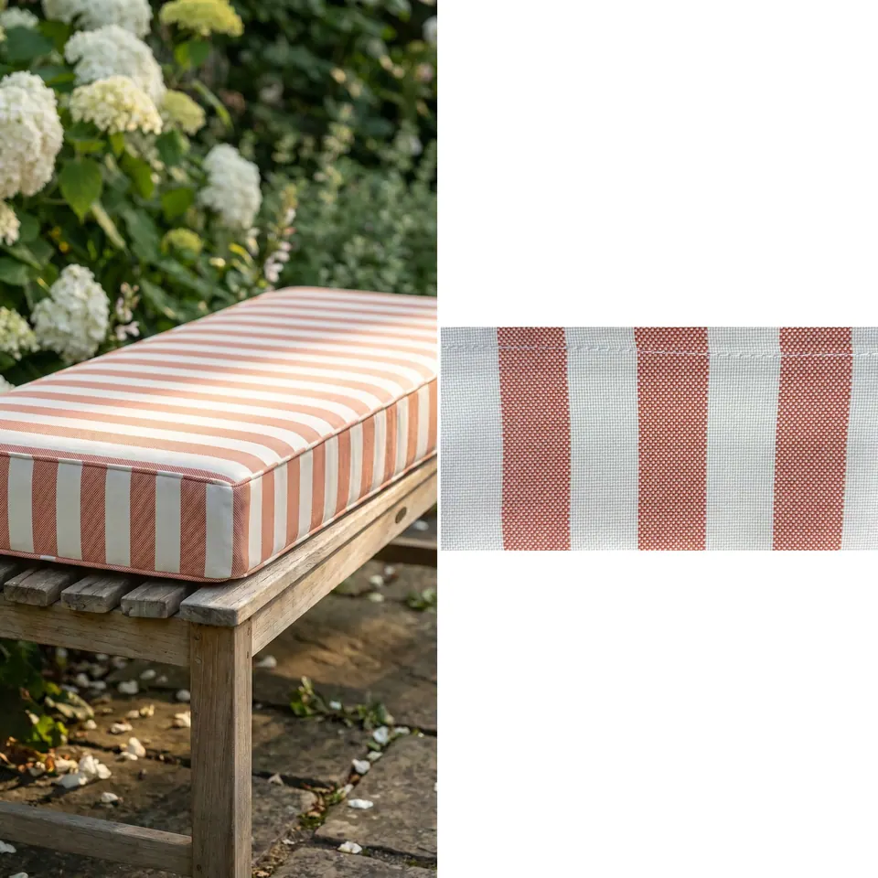 Split image of a coral striped cushion on a teak garden bench next to a flat swatch of the coral and white outdoor fabric