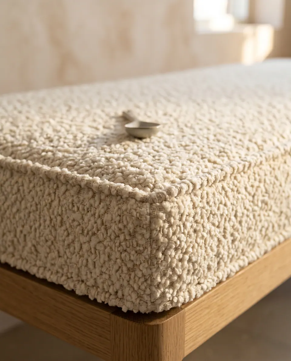 Macro of a cream bouclé box cushion corner showing self piping and looped texture on a rounded oak bench frame